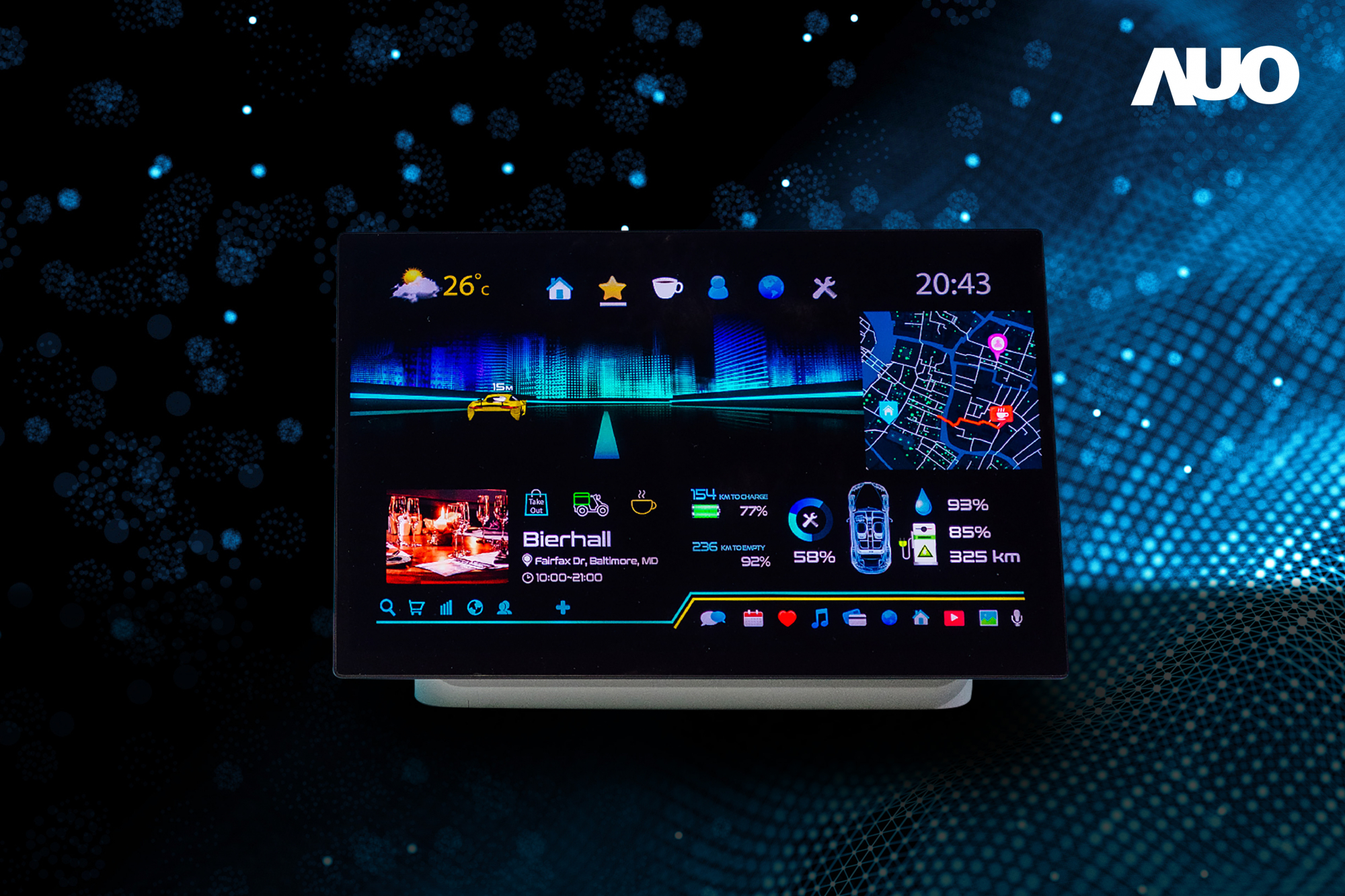 友達16吋超高色域車載中控獲得2025顯示器元件產品技術獎之面板模組類傑出產品獎，首次在車載領域採用藍光COB（LED chip-on-board）搭載量子點（Quantum Dot）膜之Mini LED解決方案實現廣色域