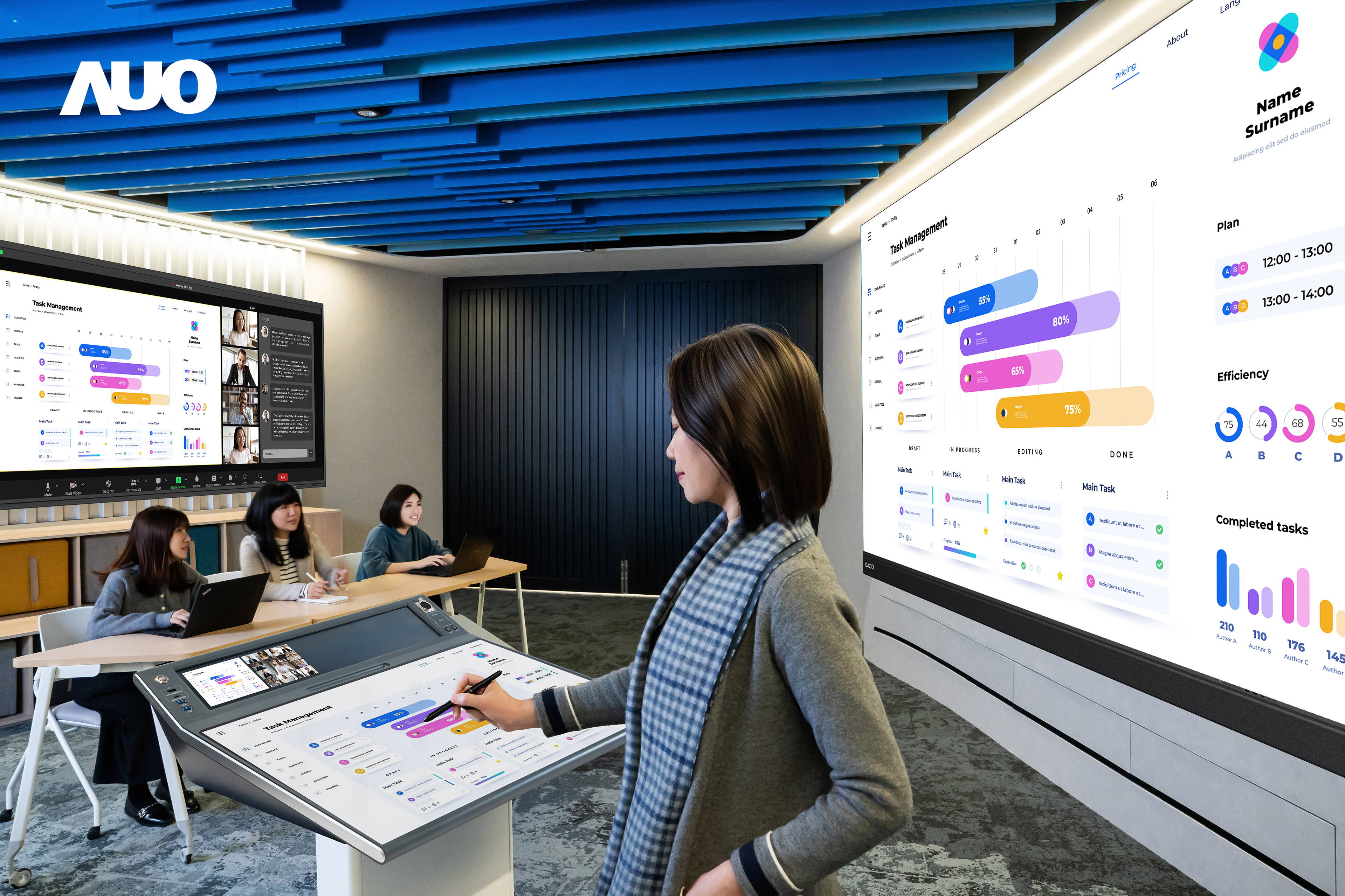 達擎攜手Avocor與Rise Vision展示全方位商務領域應用，包含採用模組化設計的138吋一體式All-in-One LED顯示器及具21:9超寬比例的92吋互動式電子白板（IFPD），講者可輕鬆分享內容，有效提升會議協作效率。